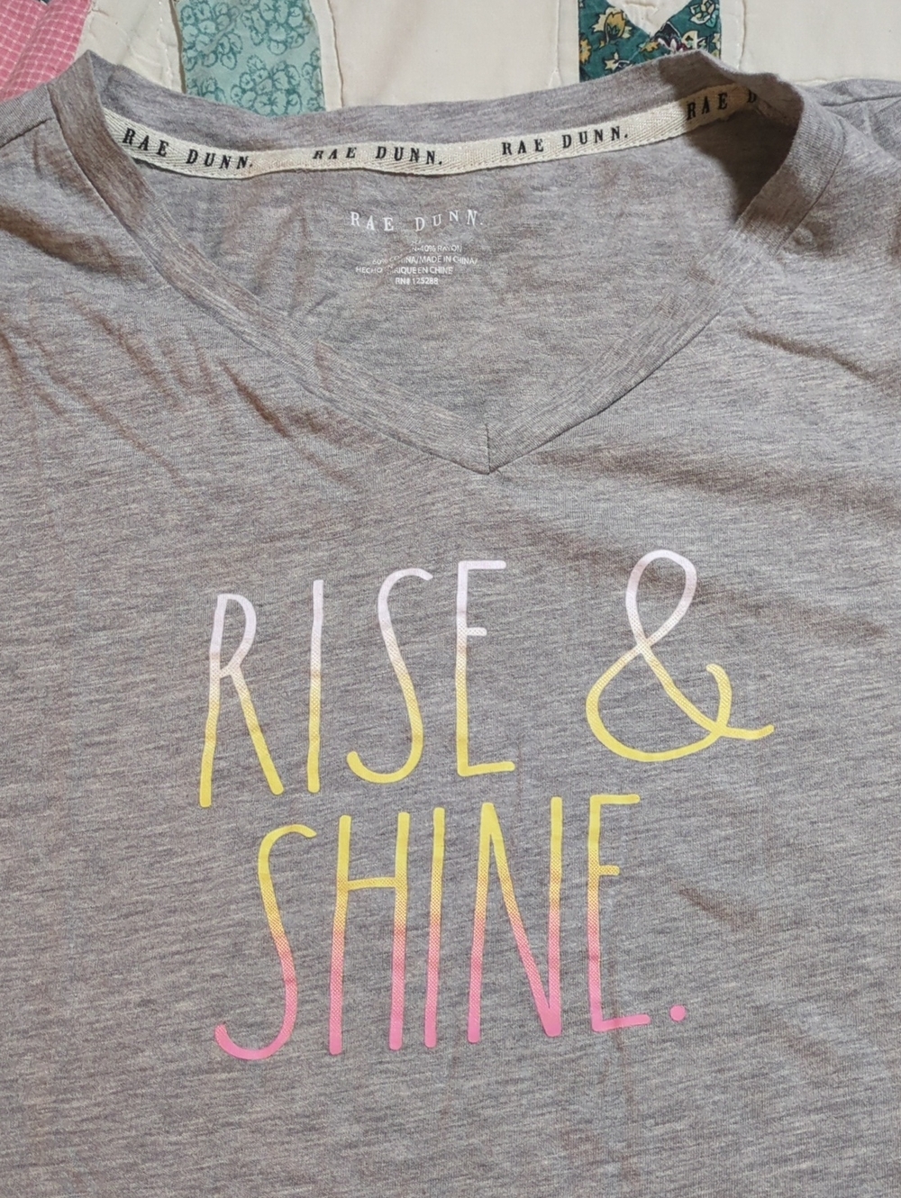 Rae Dunn "Rise & Shine" Gray V-Neck Sleep Tee